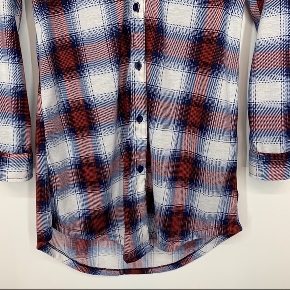 New Look Lightweight Soft Plaid Long Sleeve Button Up Red White & Blue Size S - Picture 4 of 11